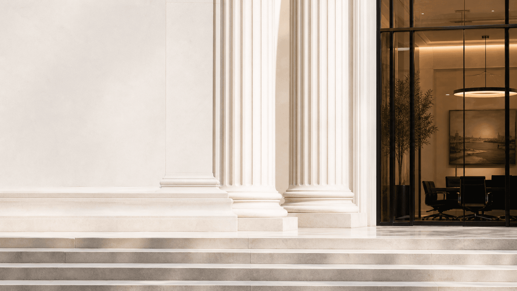 A modern legal office framed by courthouse columns
