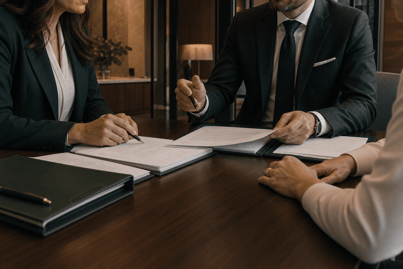 Legal professionals reviewing documents with a client
